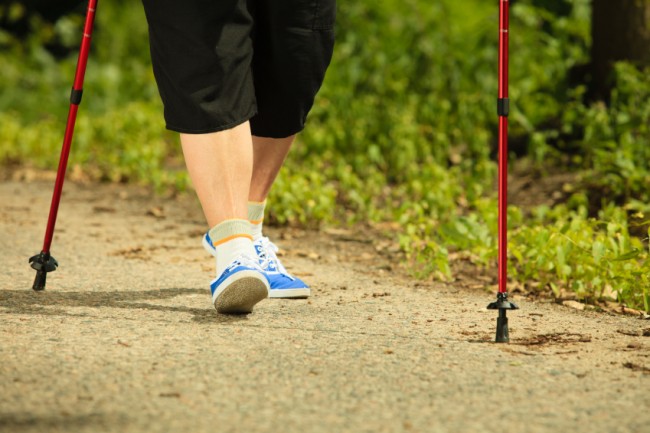 Frau beim Nordic Walking auf einem weichen Waldboden